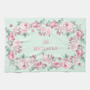 Personalisiertes Küchentuch rosa Minze floral