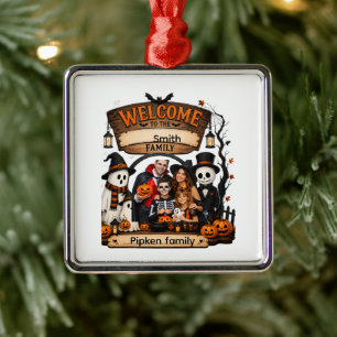Personalisiertes Kürbisfamilien-Halloween-Willkomm Ornament Aus Metall
