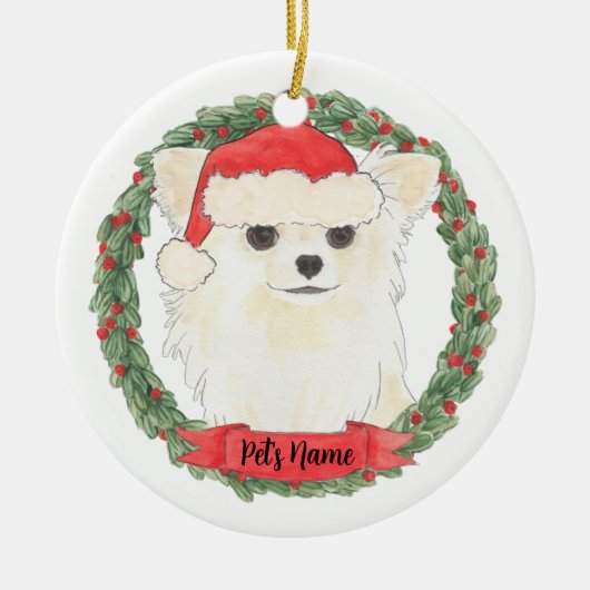 Personalisiertes Langhaariges Weißcreme Chihuahua Keramik Ornament (Vorne)
