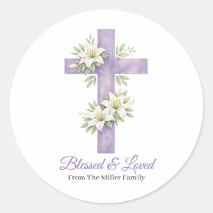Personalisiertes Lavendel-Blumenkreuz Gesegnet und Runder Aufkleber