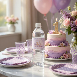 Personalisiertes Lavendel-Gingham 1. Geburtstag Wasserflaschenetikett
