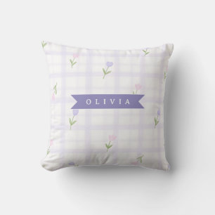 Personalisiertes Lavendel-Gingham-Blumen-Name-Gesc Kissen