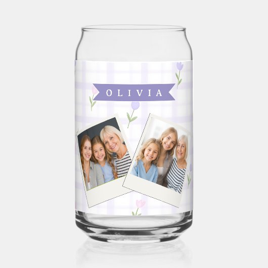 Personalisiertes Lavendel-Gingham-Blumen-Namensges Dosenglas (Vorderseite)