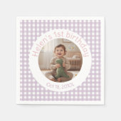 Personalisiertes Lavendel-Gingham-Geburtstagsfoto Serviette (Vorderseite)