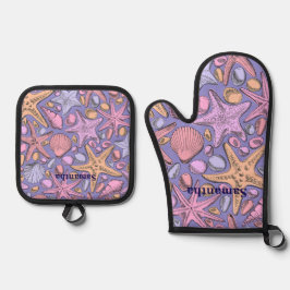 Personalisiertes Lavendel-Meeresschnecken-Küchense Ofenhandschuh & Topflappen-Set