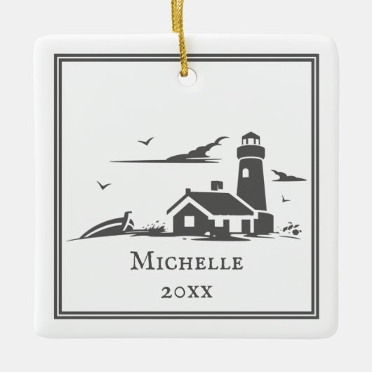 Personalisiertes Leuchtturm Ostseeküste Weihnachte Keramikornament (Vorderseite)