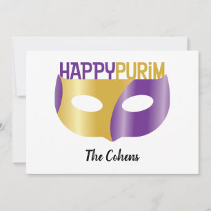 Personalisiertes Lila Goldhappy Purim und Maske Feiertagskarte