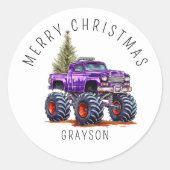 Personalisiertes Lila Monster Truck Weihnachtsgesc Runder Aufkleber (Vorderseite)