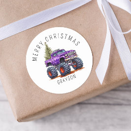 Personalisiertes Lila Monster Truck Weihnachtsgesc Runder Aufkleber