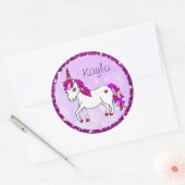 Personalisiertes Lila Rainbow Horned Unicorn Herz Runder Aufkleber (Umschlag)