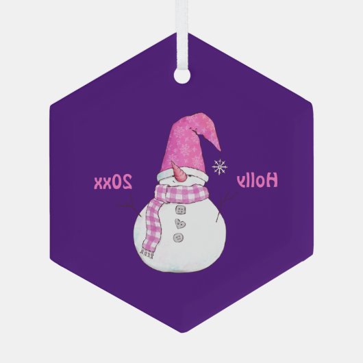 Personalisiertes Lila Schneemannsjahr Ornament Aus Glas (Rückseite)
