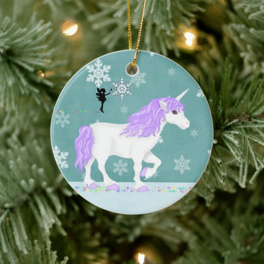 Personalisiertes Lila und weißes Einhorn und Fairy Keramik Ornament (Baum)