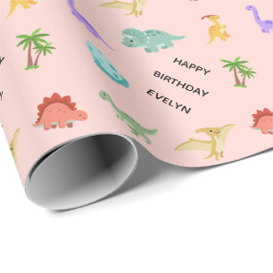 Personalisiertes Mädchen-Dinosaurier  Geschenkpapier