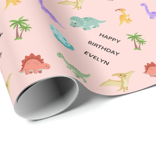 Personalisiertes Mädchen-Dinosaurier  Geschenkpapier (Rolleneckpunkt)