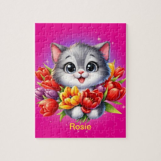Personalisiertes Mädchen-Kätzchen Puzzle (Vertikal)