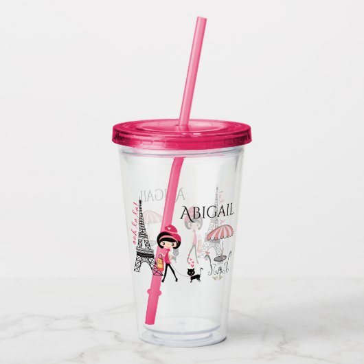 Personalisiertes Mädchen und Katze Eiffelturm Pari Acryltrinkbecher (Rückseite)