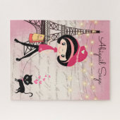 Personalisiertes Mädchen und Katze im Pariser Eiff Puzzle (Horizontal)