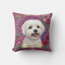 Personalisiertes Malteser-Hund-Rosa-Blumenkissen
