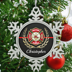 Personalisiertes Malteserkreuz-Feuerwehrmann Schneeflocken Zinn-Ornament