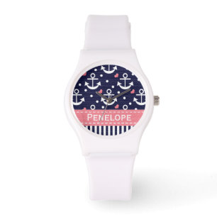 Personalisiertes Marine-Blau und rosa Anker Armbanduhr