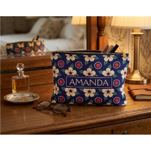 Personalisiertes Marineblau Vintage Floral Zubehörtasche