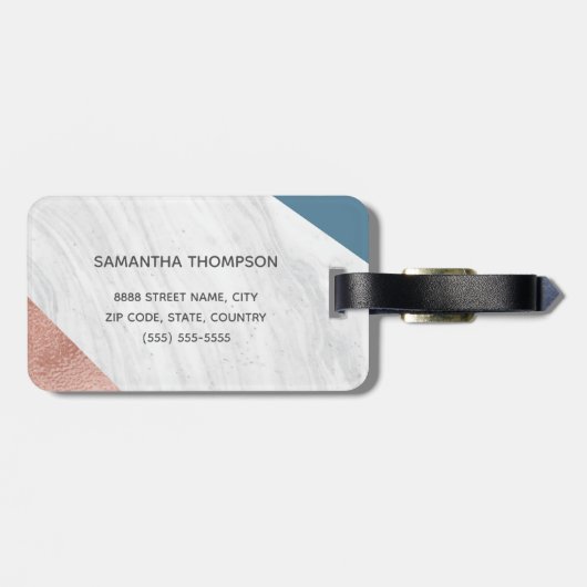 Personalisiertes Marmor Imitate Rose Gold Blau Gepäckanhänger (Rückseite horizontal)