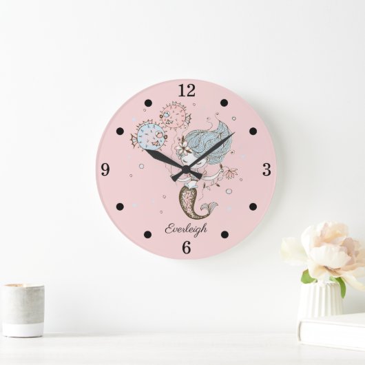 Personalisiertes Meerjungfrau-Kinderzimmer Rosa Große Wanduhr (Zuhause)