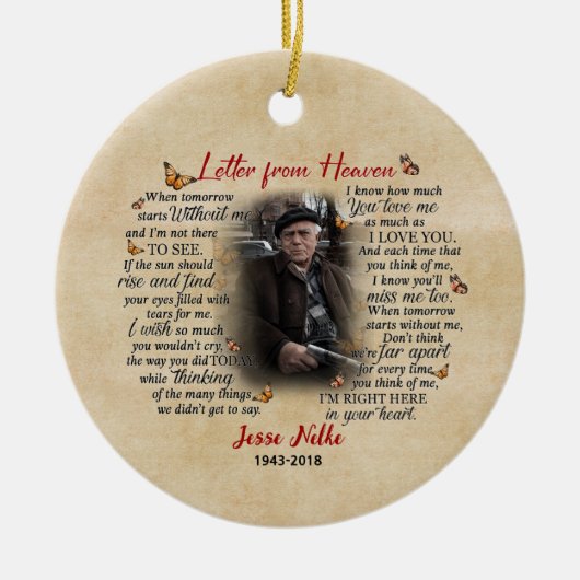 Personalisiertes Memorial Foto Ornament Brief von (Vorne)
