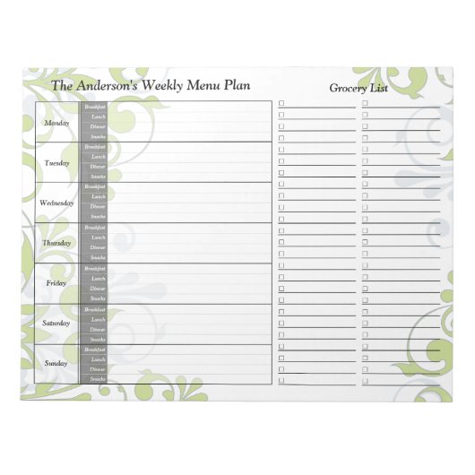 Personalisiertes Menü "Green Floral Weekly" Notepa Notizblock (Vorderseite)