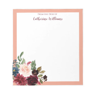 Personalisiertes Merlot-Navy-Floral-Nudeln Notepad Notizblock