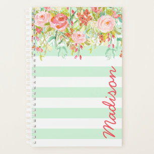 Personalisiertes Mintgrün-Wasserfarben-Blumenstrei Planer