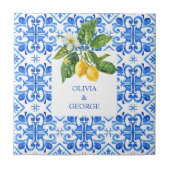 Personalisiertes Mittelmeer-Zitronen Hochzeit Blau Fliese (Vorderseite)