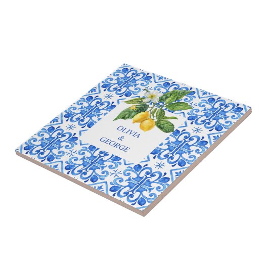 Personalisiertes Mittelmeer-Zitronen Hochzeit Blau Fliese (Seite)