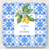 Personalisiertes Mittelmeer-Zitronen Hochzeit Blau Getränkeuntersetzer (Vorderseite)