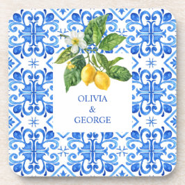 Personalisiertes Mittelmeer-Zitronen Hochzeit Blau Getränkeuntersetzer