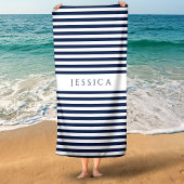 Personalisiertes, modernes, blaues Streifenmuster Strandtuch