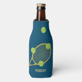 Personalisiertes, modernes Blue Tennis Racket Ball Flaschenkühler (Flaschenvorderseite)