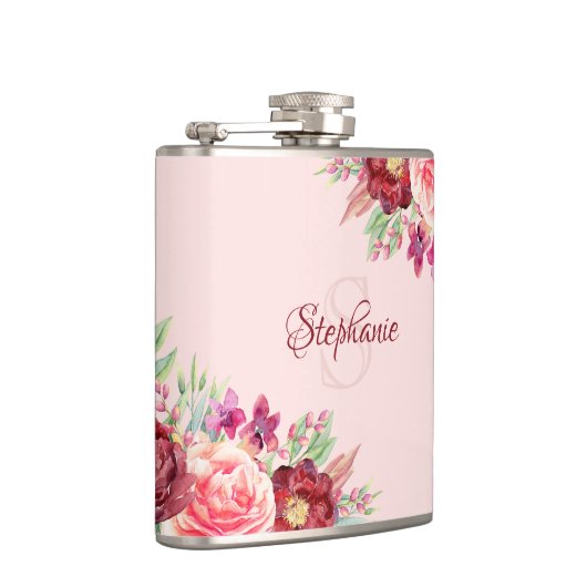 Personalisiertes, modernes Borgundy Blush Monogram Flachmann (Rechts)