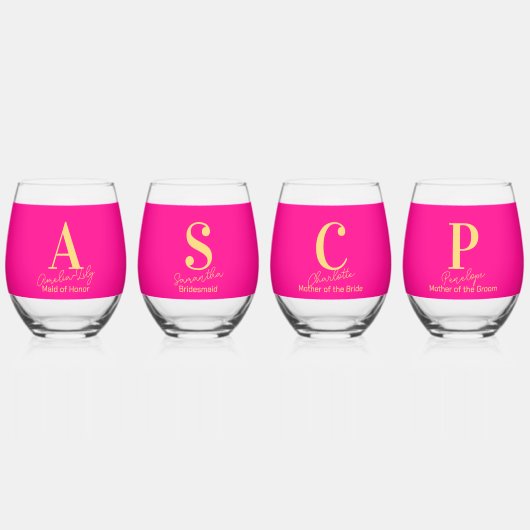 Personalisiertes, modernes Monogramm-Brautparty Weinglas Ohne Stiel (Hinten)