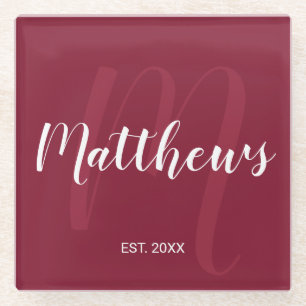Personalisiertes modernes Schriftmonogramm und Fam Glasuntersetzer