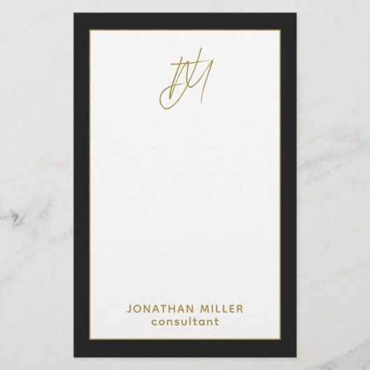 Personalisiertes, modernes Schwarz-Gold-Monogramm Briefpapier (Vorderseite)