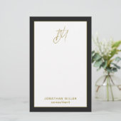 Personalisiertes, modernes Schwarz-Gold-Monogramm Briefpapier (Stehend Vorderseite)