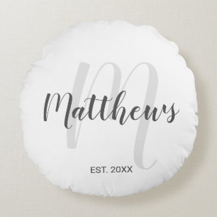 Personalisiertes modernes Skript-Monogramm und Fam Rundes Kissen