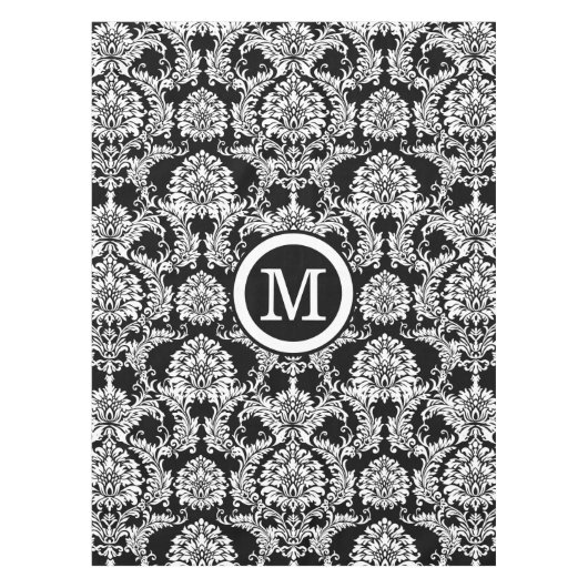 Personalisiertes Monogram Black Damsk Floral Patte Tischdecke (Vorderseite)
