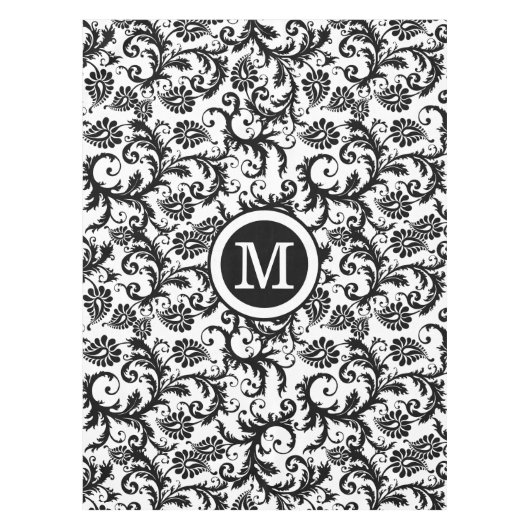 Personalisiertes Monogram Black Damsk Floral Patte Tischdecke (Vorderseite)