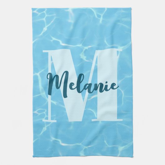 Personalisiertes Monogram Blue Swimming Pool Moder Geschirrtuch (Vertikal)