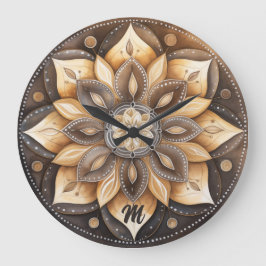 Personalisiertes Monogram Watercolor Brown Mandala Große Wanduhr