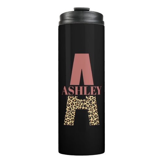 Personalisiertes Monogramm A Pink Leopard Thermosbecher (Vorderseite)