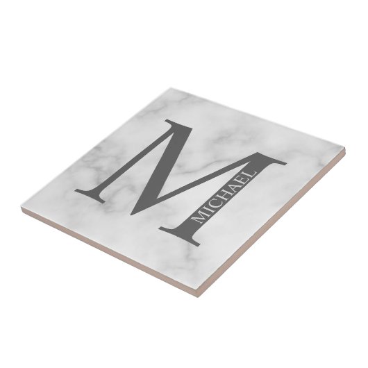 Personalisiertes Monogramm aus weißem Marmor und N Fliese (Seite)