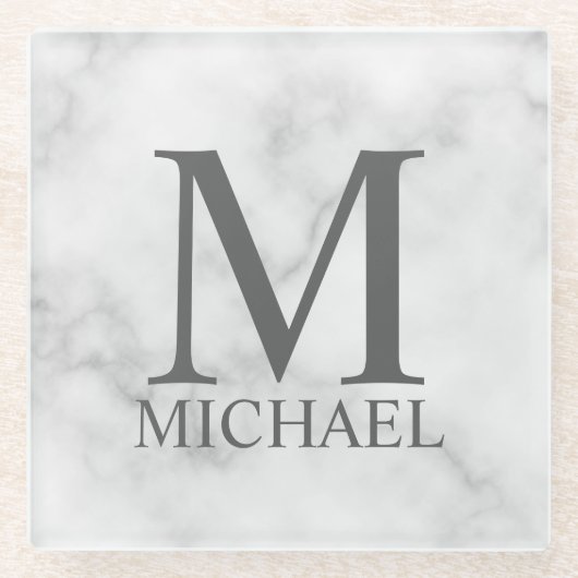 Personalisiertes Monogramm aus weißem Marmor und N Glasuntersetzer (Vorderseite)